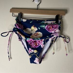 Cupshe Navy Floral Side Cinch High Waist Bikini Bottom